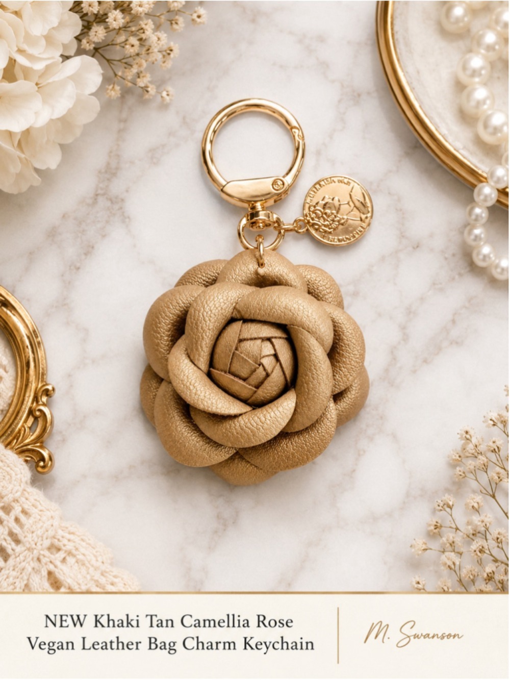 Khaki Tan Camellia Rose Vegan Leather Bag Charm Keychain NWT